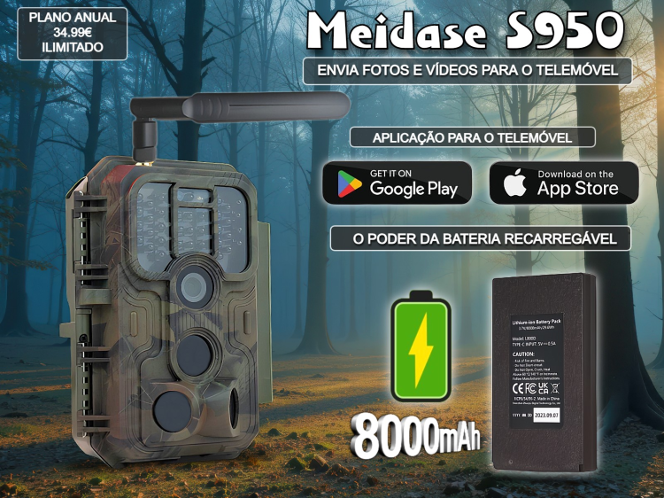 Câmera Meidase S950 LTE com bateria e aplicação para o telemóvel