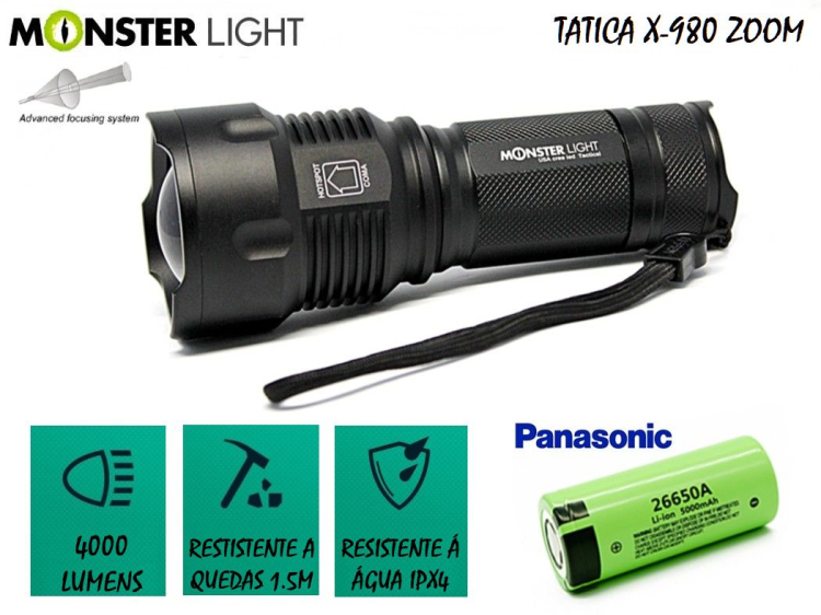 Kit lanterna tática MonsterLight X-980 com zoom