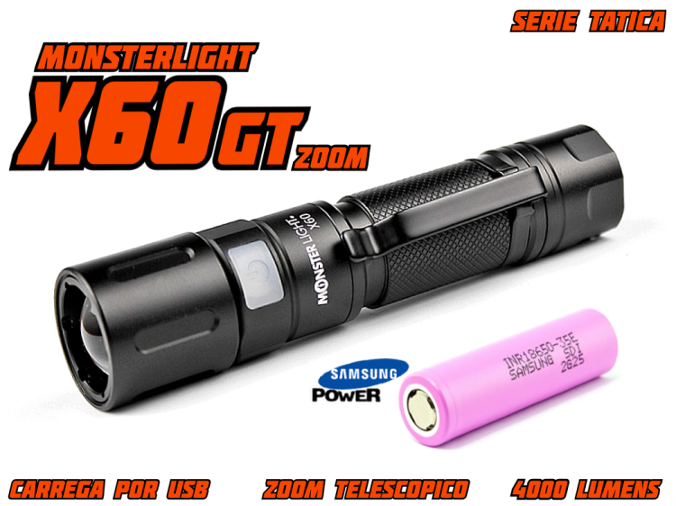 Kit lanterna tática MonsterLight X60-GT com bateria recarregável Samsung