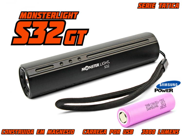 Kit lanterna tática MonsterLight S32-GT bateria recarregável Samsung