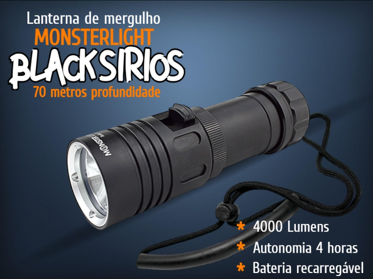 Kit lanterna mergulho MonterLight Black Sírios bateria recarregável