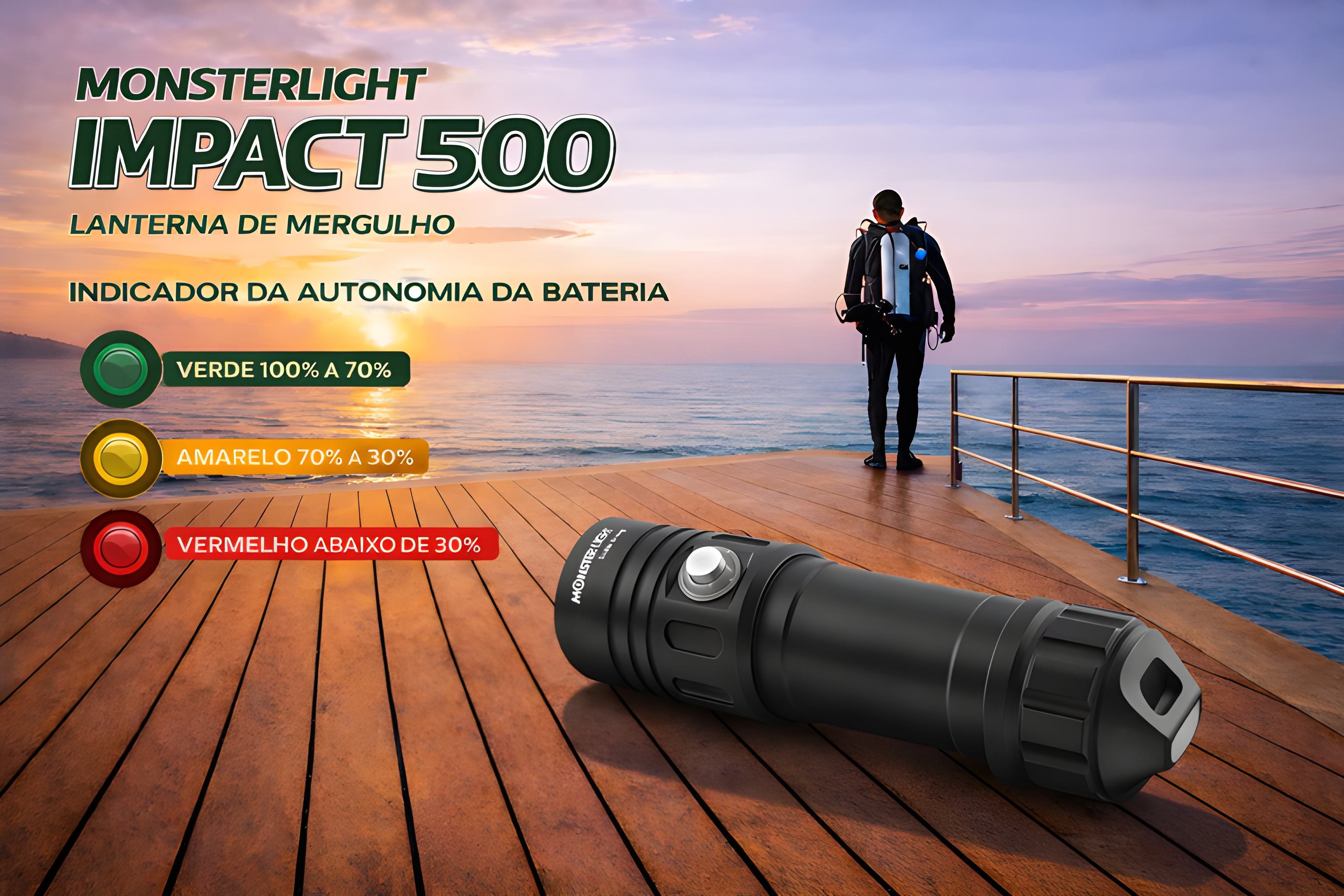 Kit lanterna mergulho MonsterLight Impact 500 com bateria recarregável 