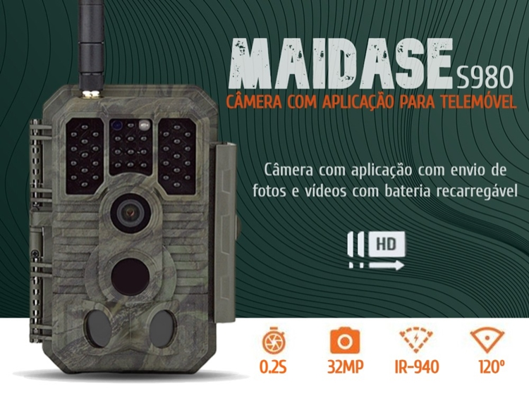 Câmera Meidase S980 com aplicação para o telemóvel com envio de fotos e vídeos com bateria