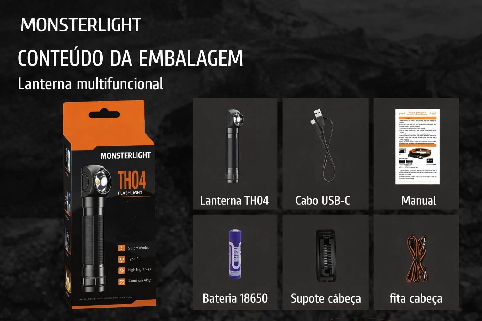 Lanterna Monsterlight TH04 multifuncional com bateria recarregável 