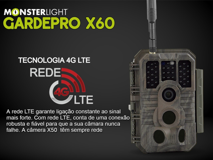 Câmera GardePro X60 LTE com bateria e aplicação para o telemóvel 
