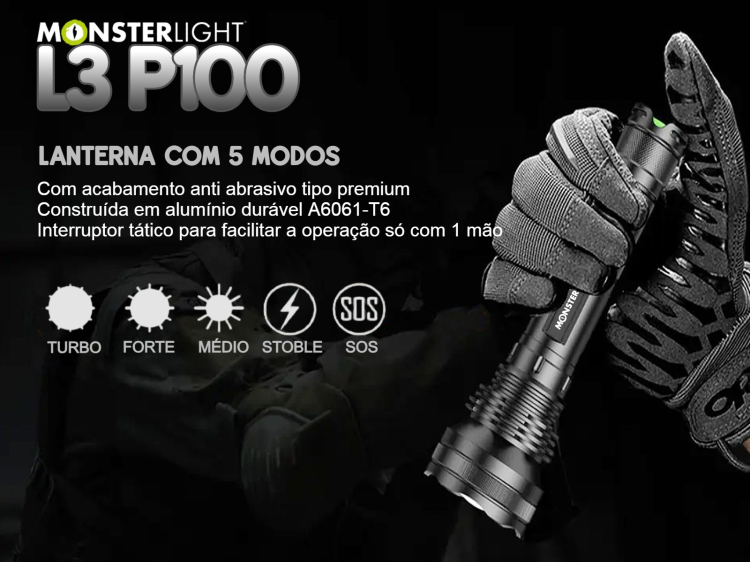 Lanterna Monsterlight L3 P100 com baterias recarregáveis 
