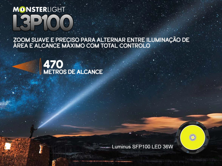 Lanterna Monsterlight L3 P100 com baterias recarregáveis 