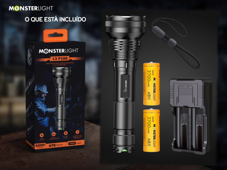 Lanterna Monsterlight L3 P100 com baterias recarregáveis 