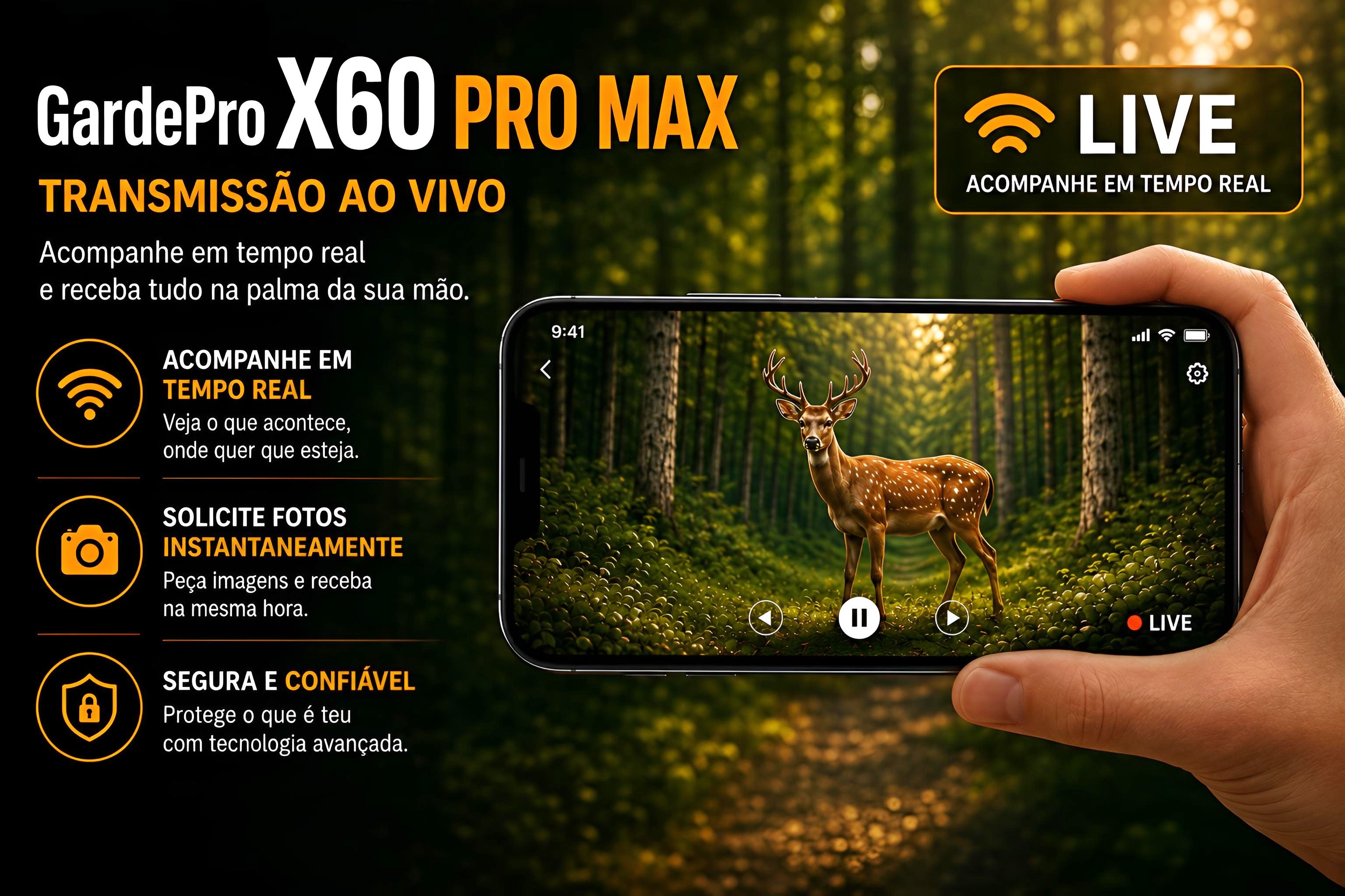 Câmera GardePro X60 Pro Max com bateria aplicação e transmissão em direto 