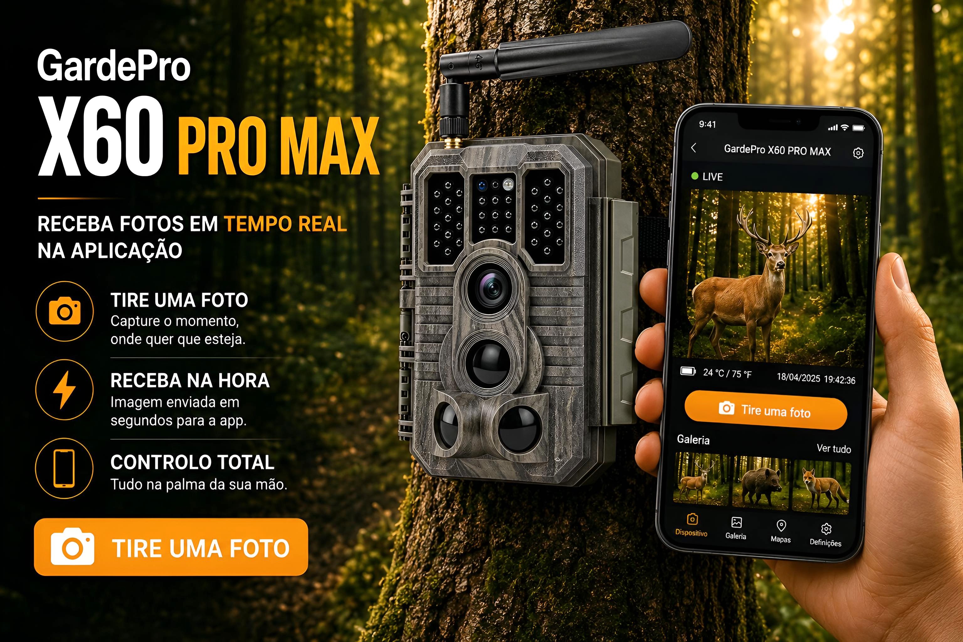 Câmera GardePro X60 Pro Max com bateria aplicação e transmissão em direto 