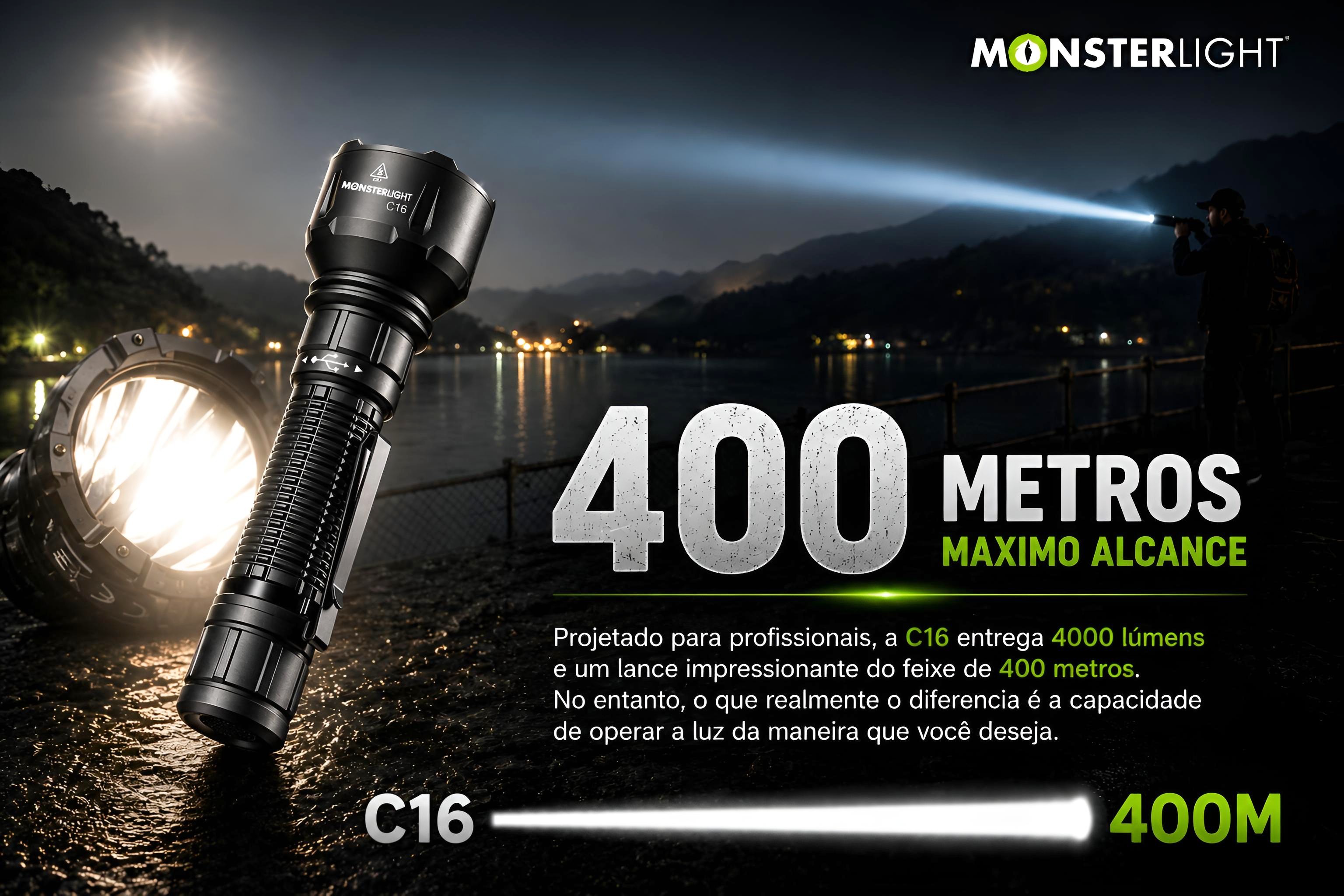 Lanterna tática Monsterlight C16 com bateria recarregável 