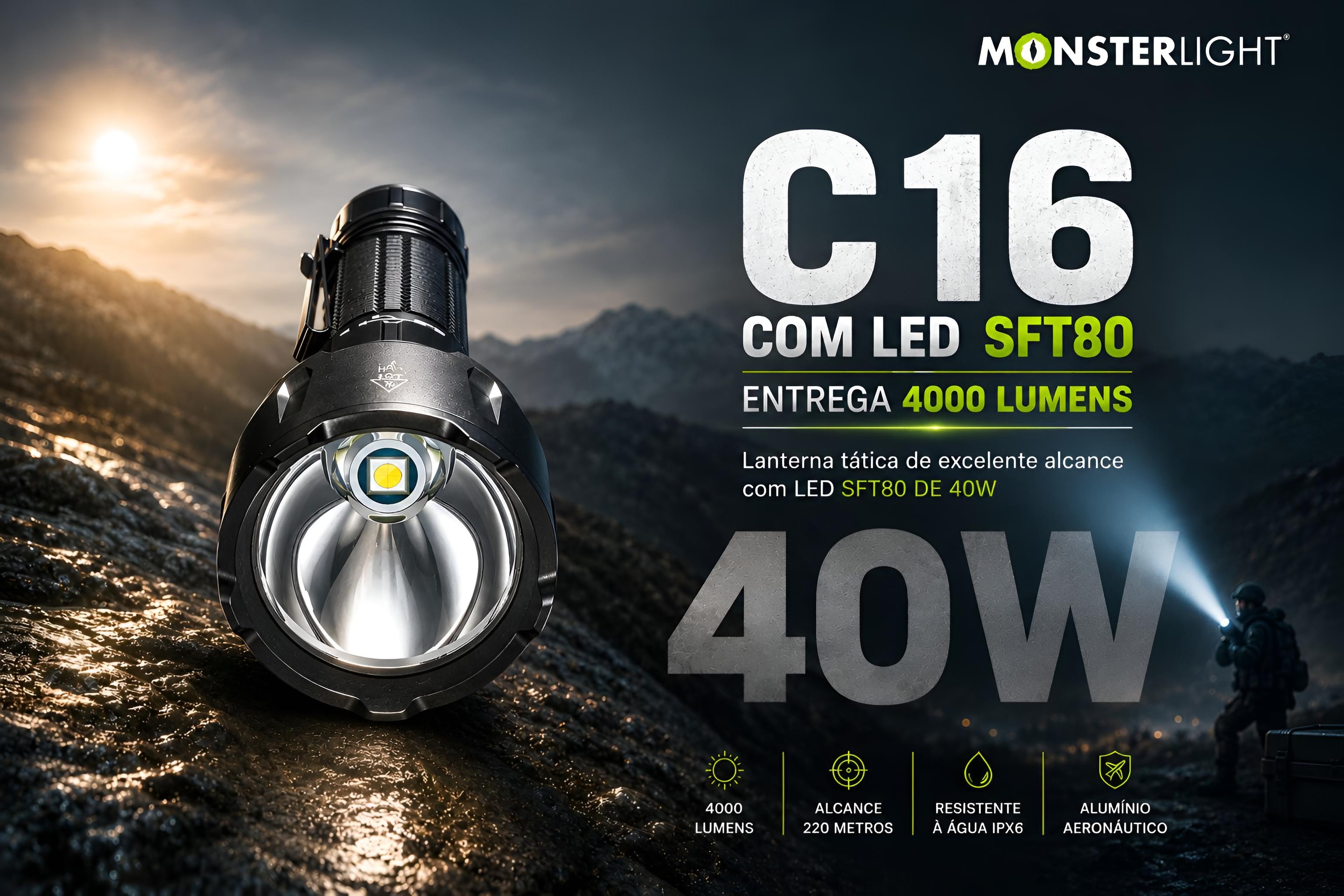 Lanterna tática Monsterlight C16 com bateria recarregável 