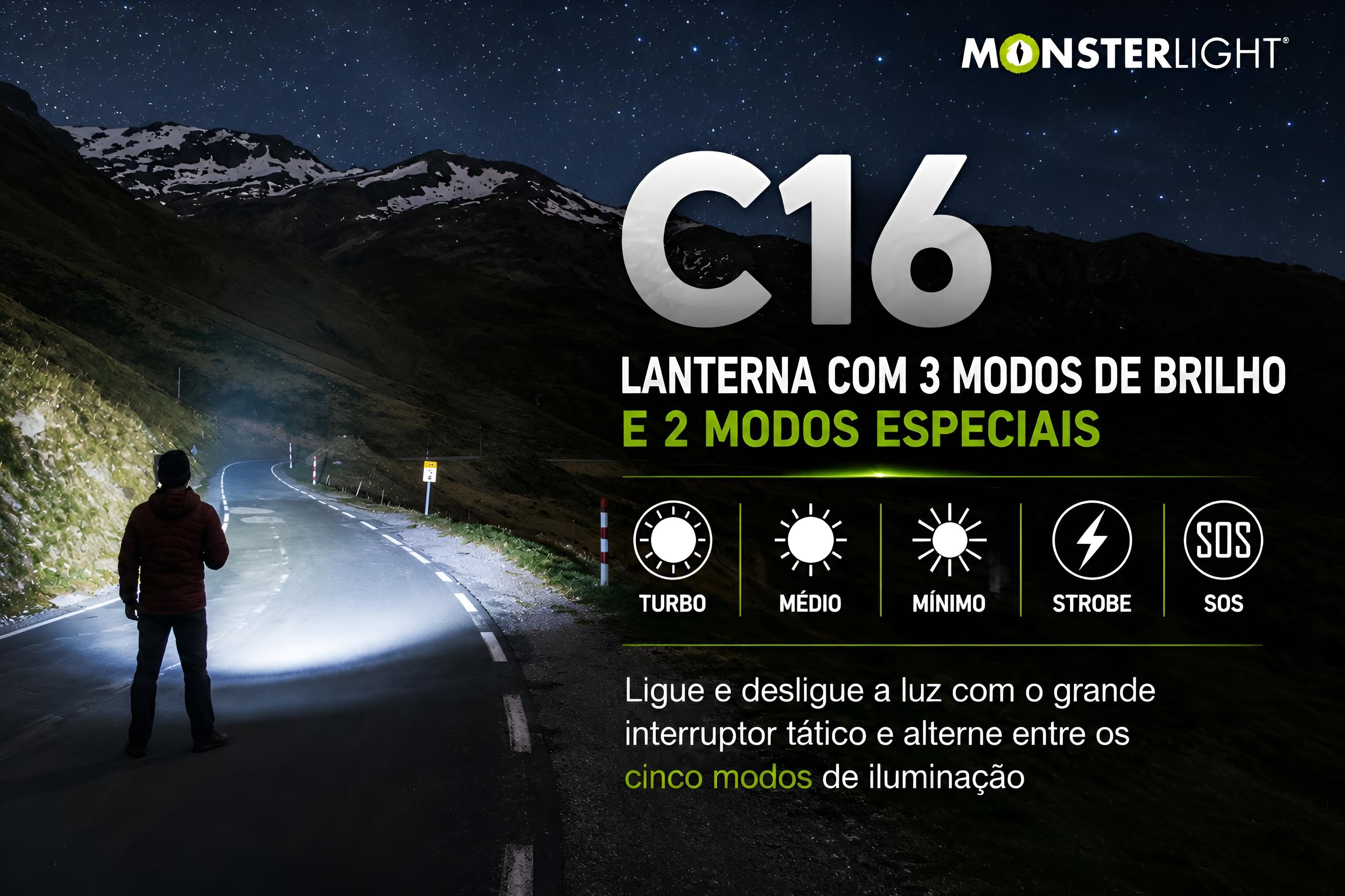 Lanterna tática Monsterlight C16 com bateria recarregável 