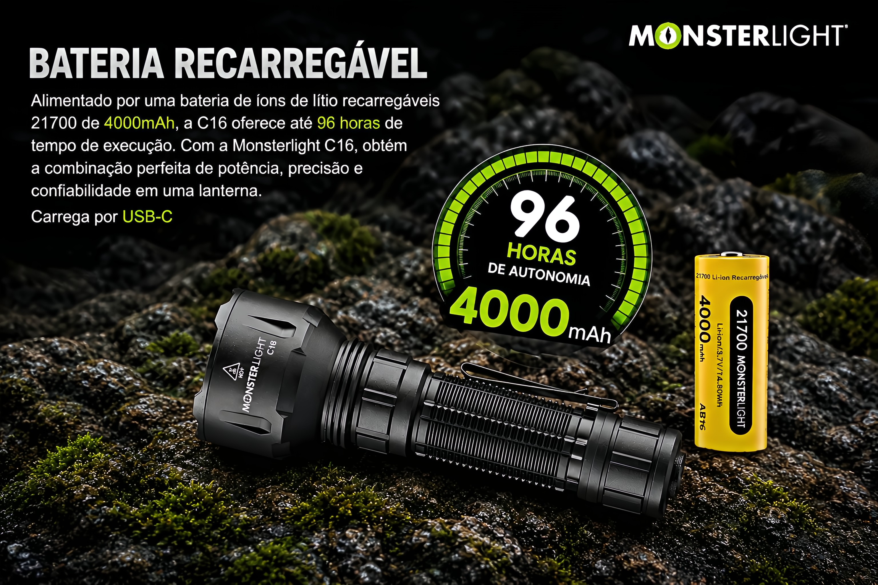 Lanterna tática Monsterlight C16 com bateria recarregável 