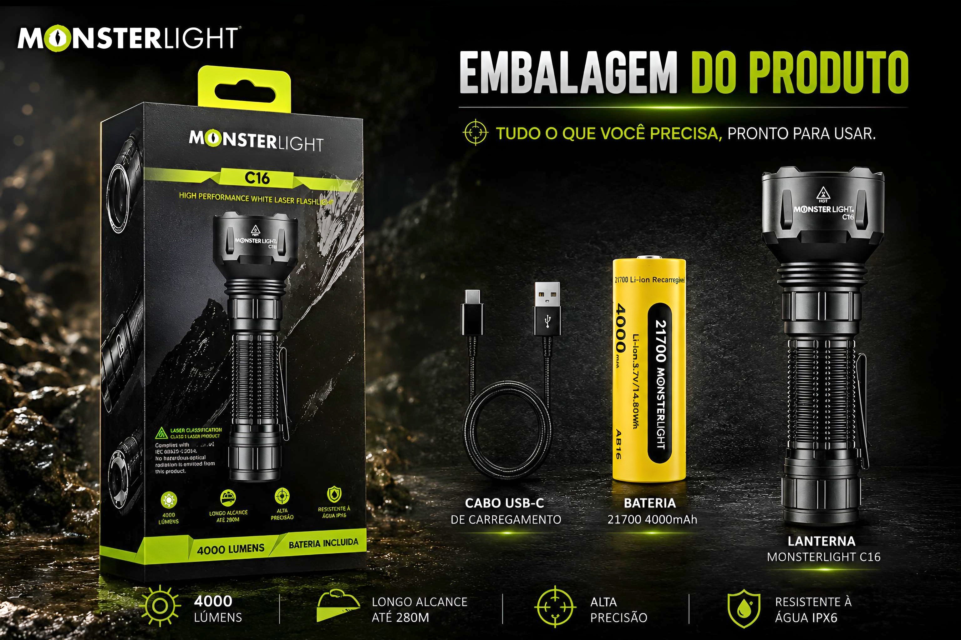 Lanterna tática Monsterlight C16 com bateria recarregável 
