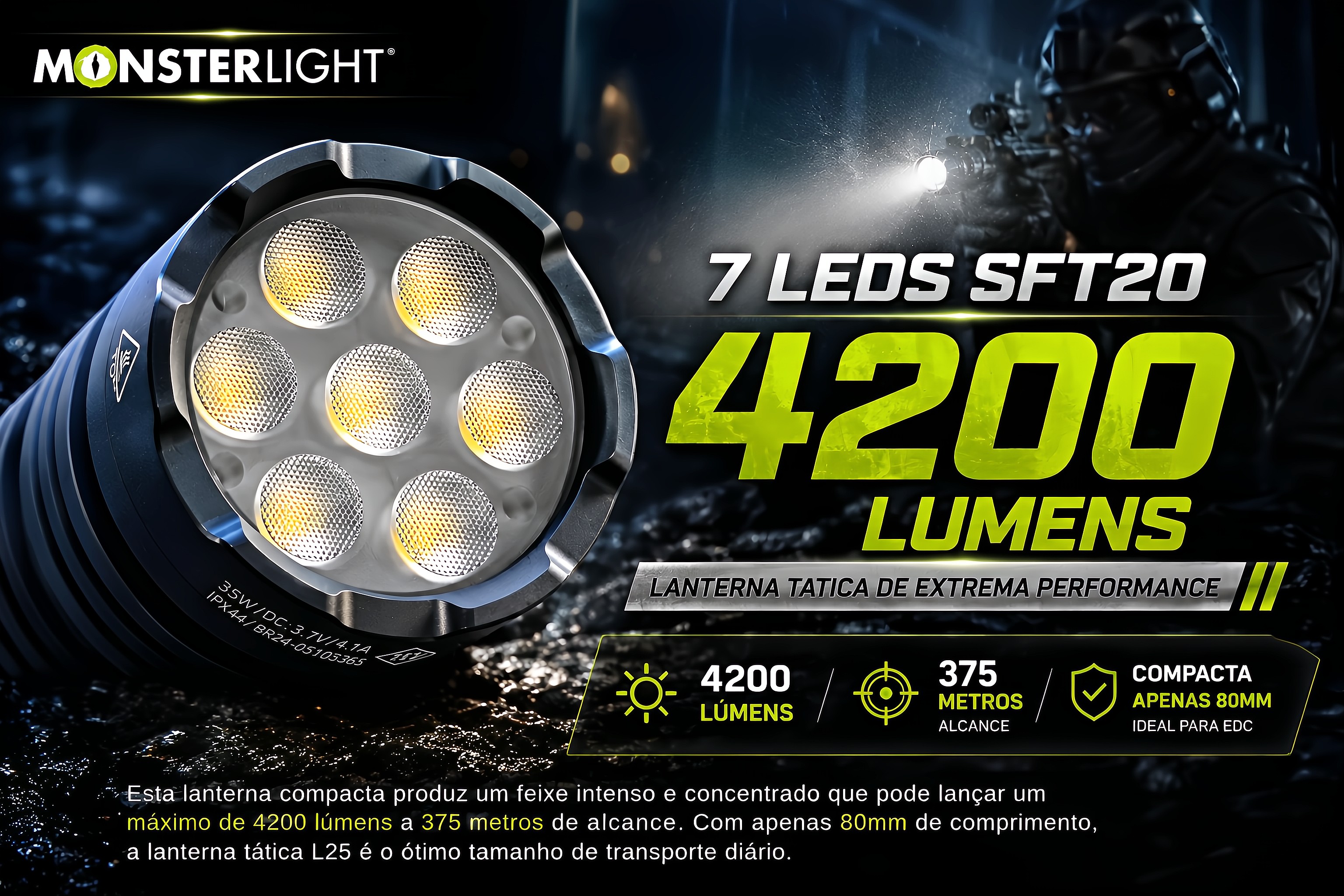 Lanterna tática Monsterlight L25 com bateria recarregável 