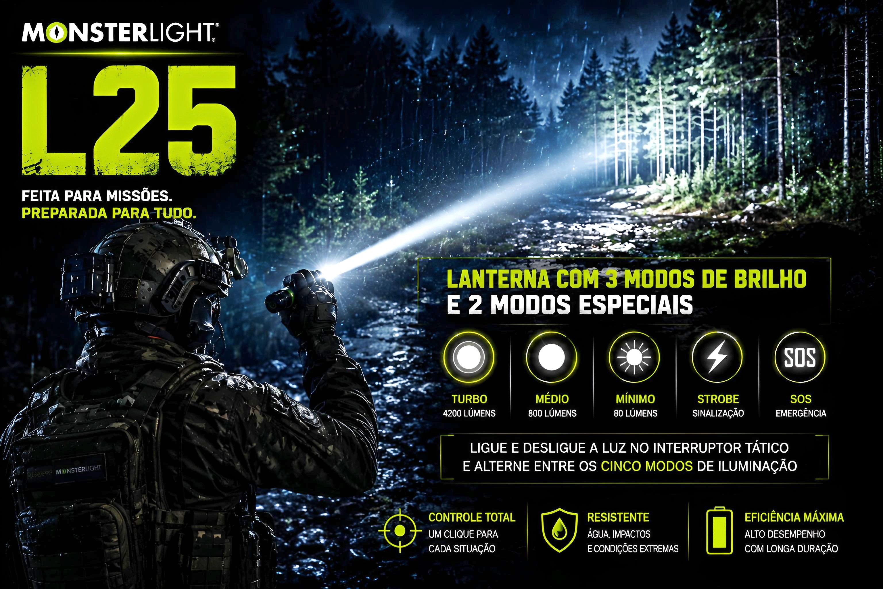 Lanterna tática Monsterlight L25 com bateria recarregável 