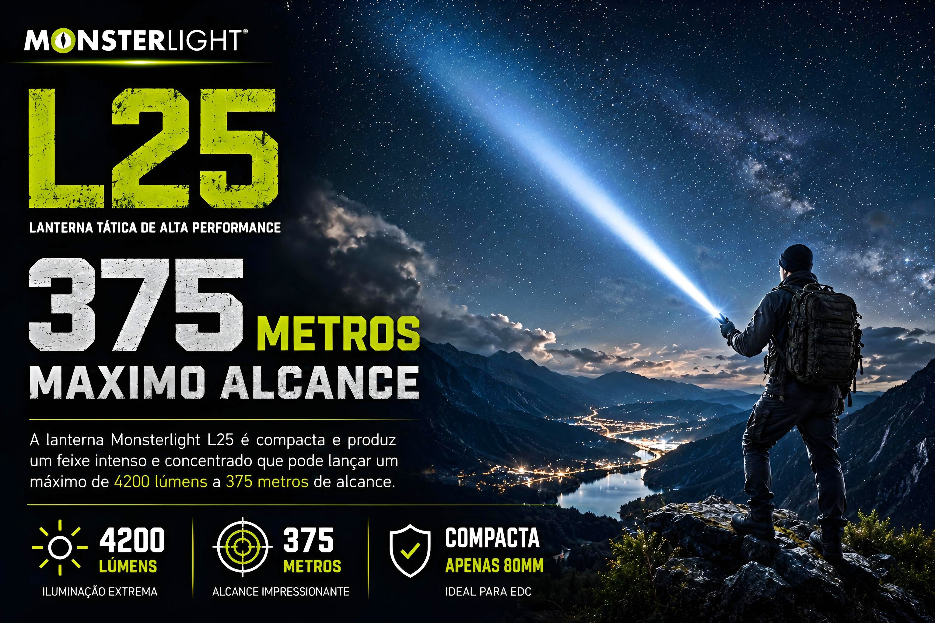 Lanterna tática Monsterlight L25 com bateria recarregável 
