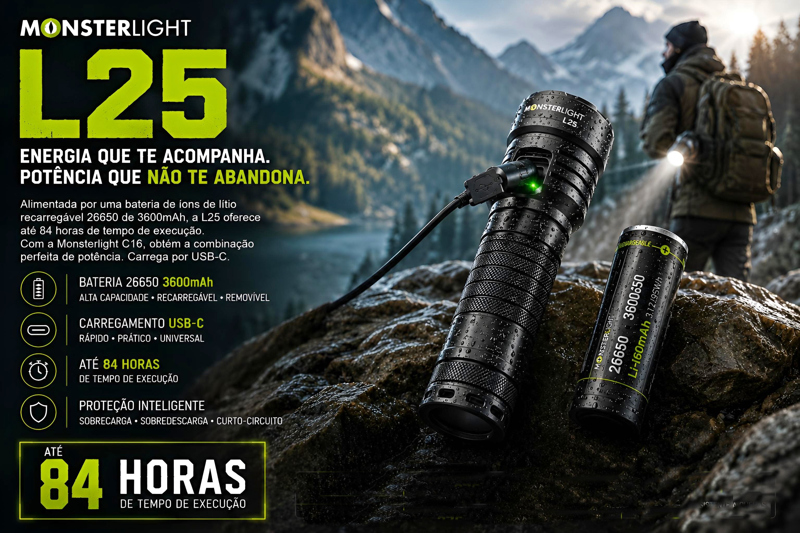 Lanterna tática Monsterlight L25 com bateria recarregável 