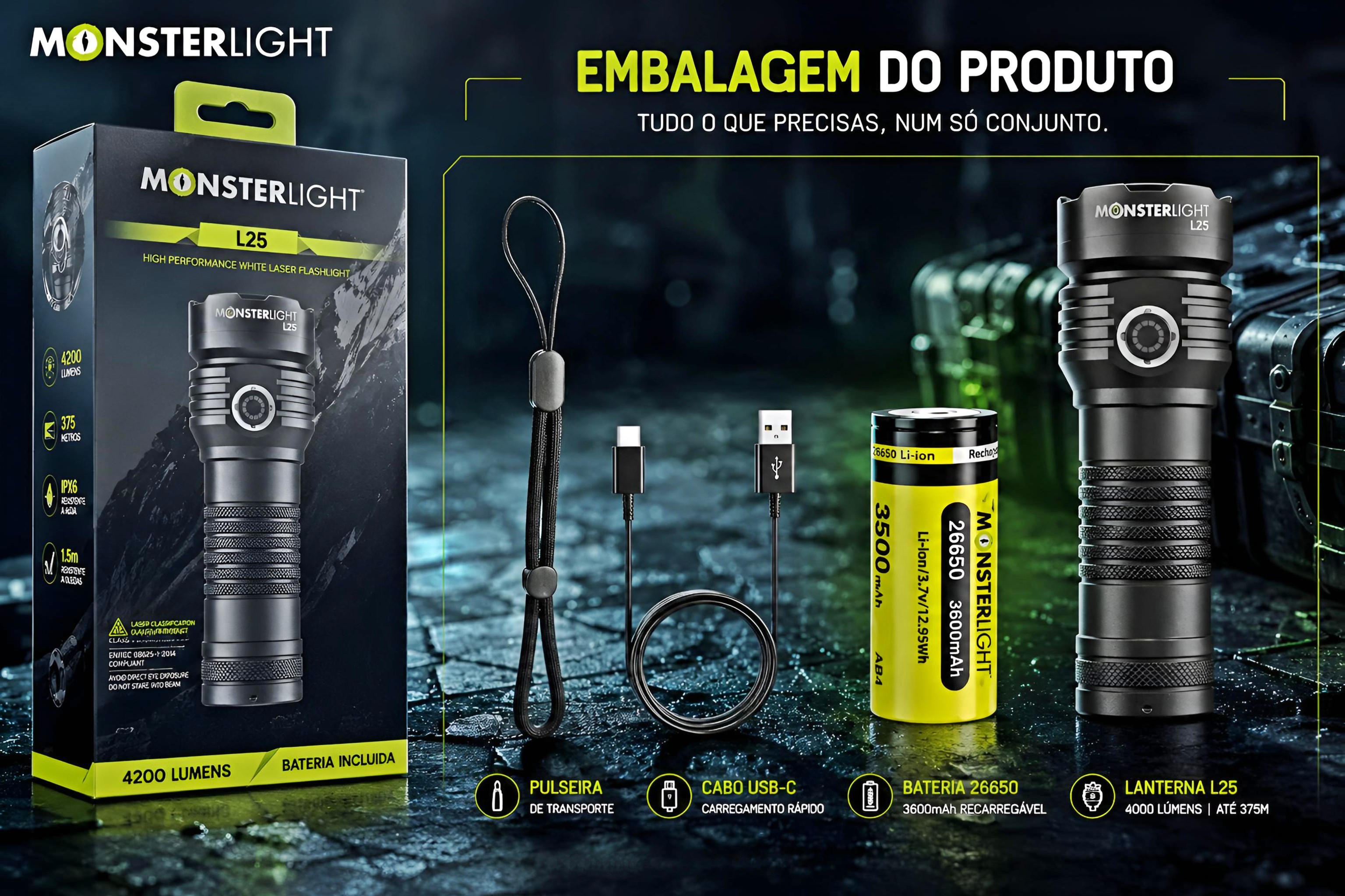 Lanterna tática Monsterlight L25 com bateria recarregável 