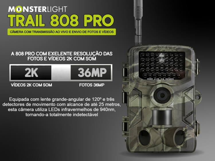 Câmera Trail 808Pro LTE com aplicação para telemóvel e envio de fotos e vídeos 