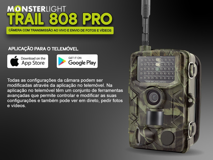 Câmera Trail 808Pro LTE com aplicação para telemóvel e envio de fotos e vídeos 