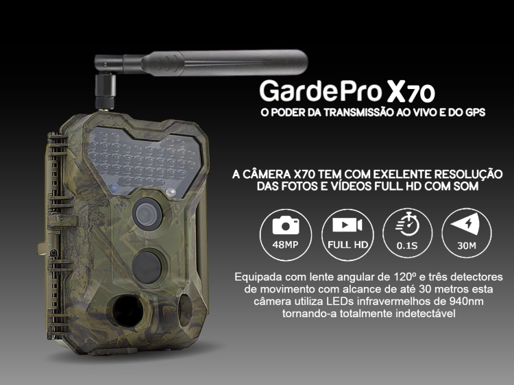 Câmera GardePro X70 com transmissão em direto envio de fotos e vídeos e GPS 