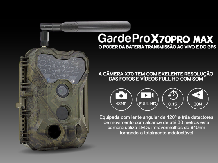 Câmera GardePro X70 Pro Max com bateria transmissão em direto envio de fotos e vídeos e GPS 
