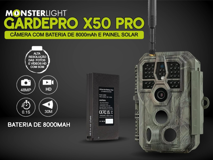 Câmera GardePro X50 Pro com bateria e painel solar e envio de fotos e vídeos 
