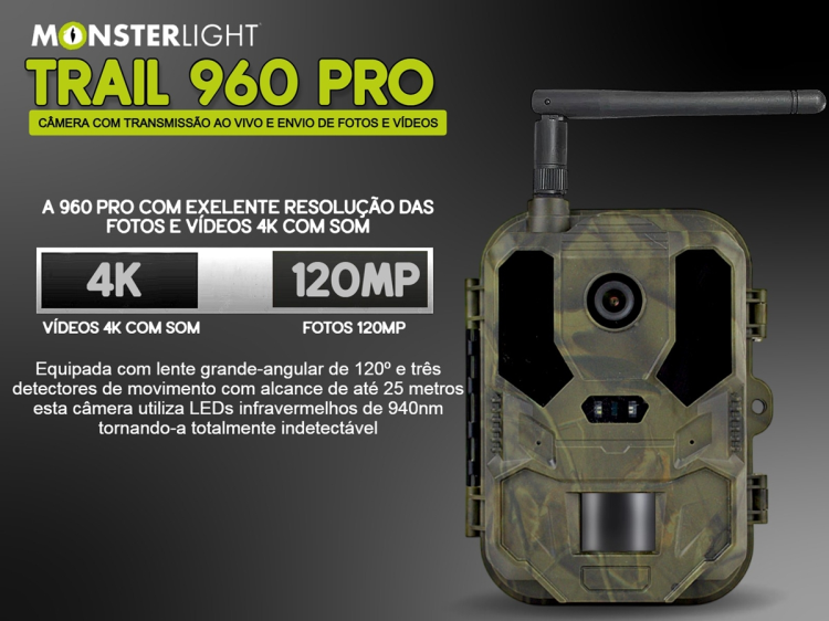 Câmera Trail 960 Pro LTE com bateria e aplicação para o telemóvel e envio de fotos e vídeos 