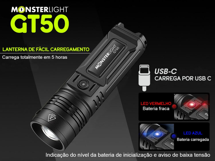 Lanterna Monsterlight GT50 com baterias recarregáveis 