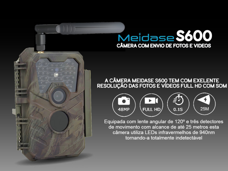 Câmera Meidase S600 LTE com aplicação telemóvel e envio de fotos e vídeos 