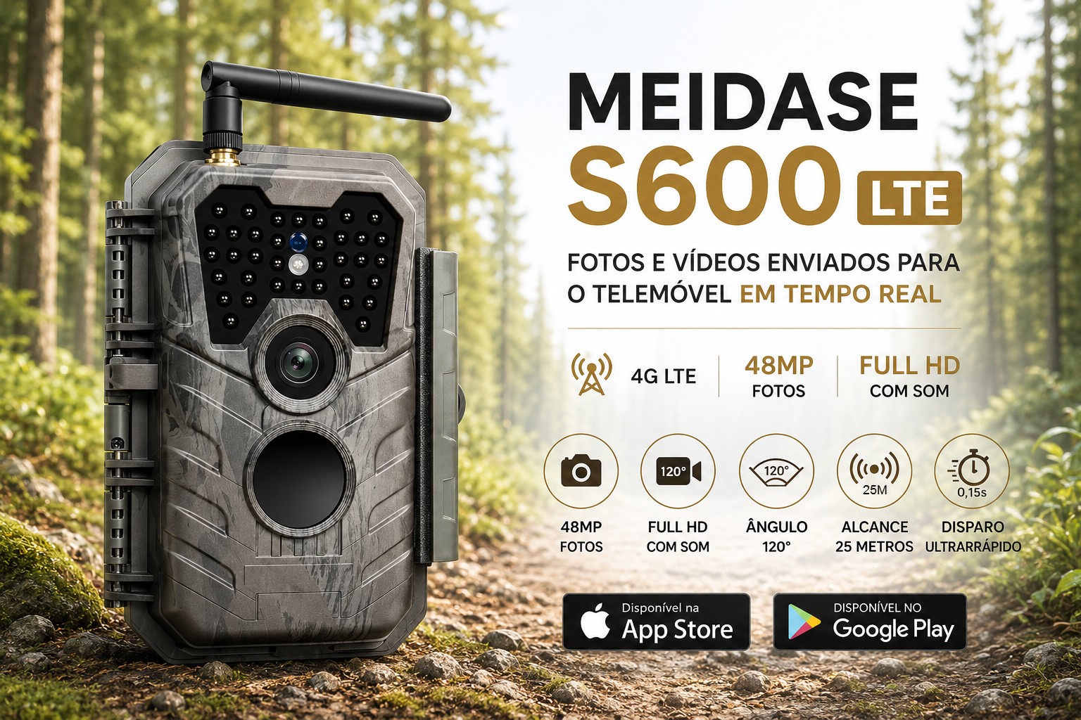 Câmera Meidase S600 LTE com aplicação para o telemóvel e envio de fotos e vídeos 