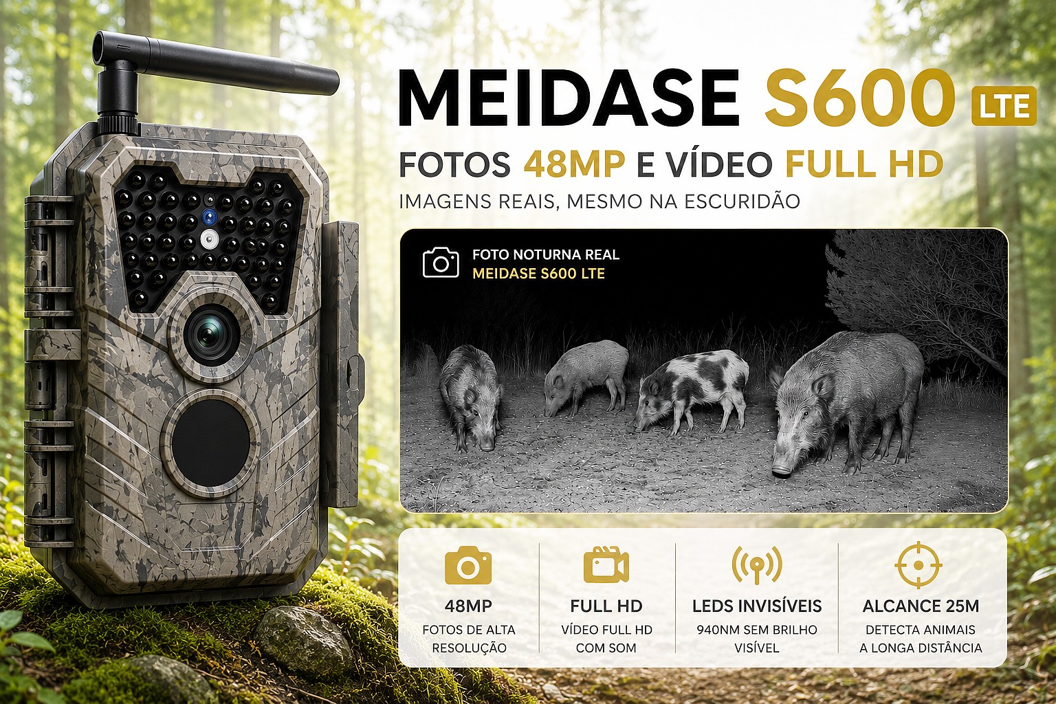 Câmera Meidase S600 LTE com aplicação para o telemóvel e envio de fotos e vídeos 