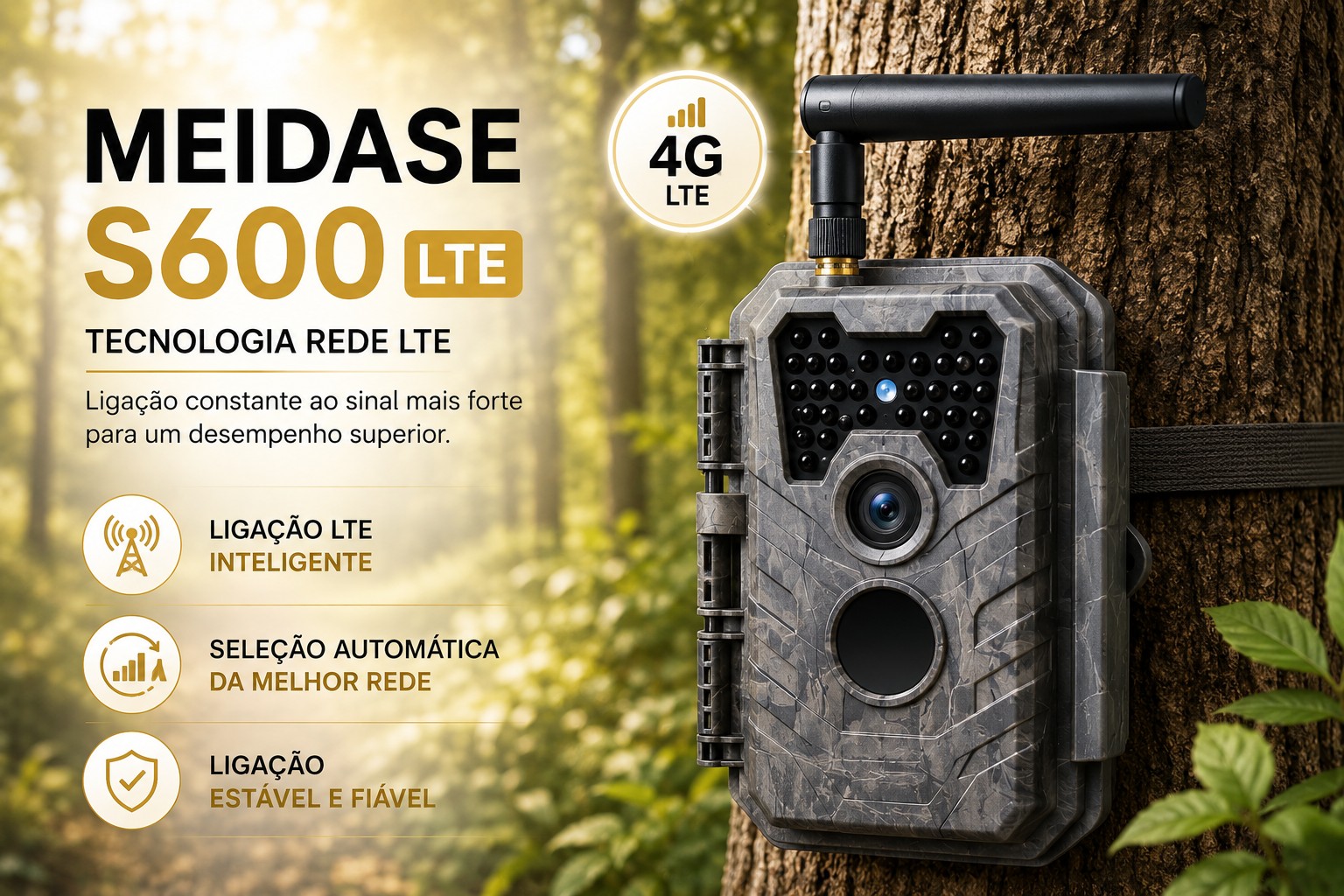 Câmera Meidase S600 LTE com aplicação para o telemóvel e envio de fotos e vídeos 