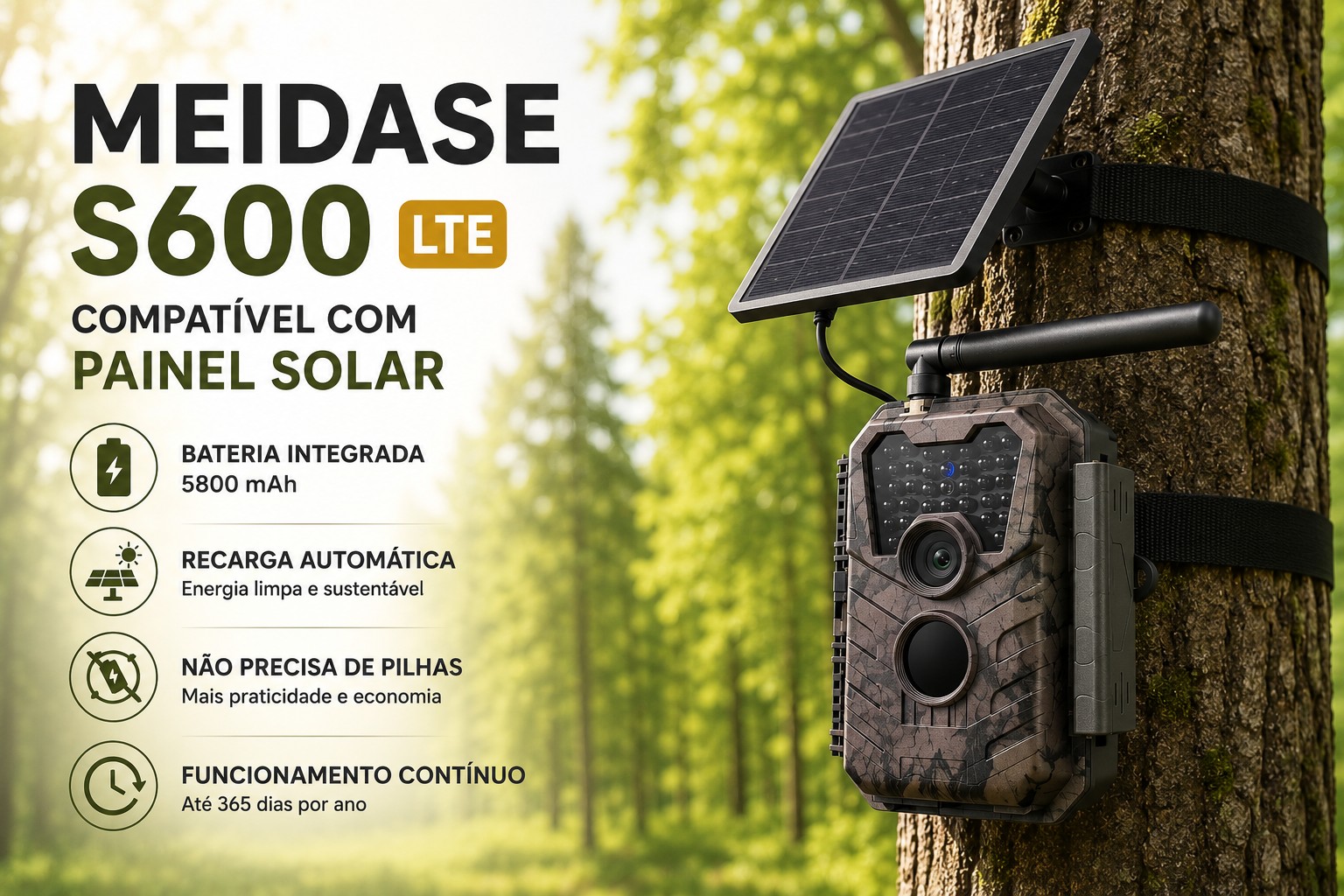 Câmera Meidase S600 LTE com aplicação para o telemóvel e envio de fotos e vídeos 