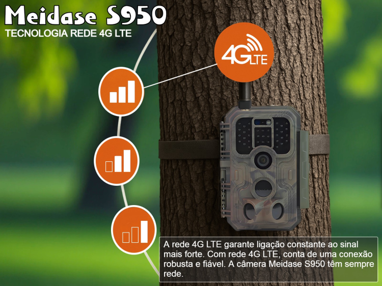 Câmera Meidase S950 LTE com bateria e aplicação para o telemóvel