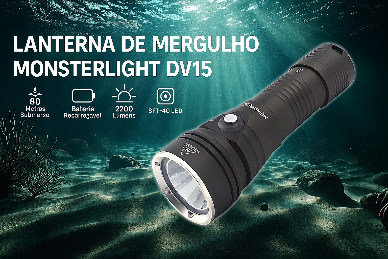 Lanterna de Mergulho D15 com bateria recarregável