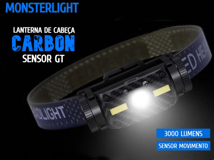 Lanterna cabeça MonsterLight Carbon Sensor GT com bateria recarregável Samsung                      