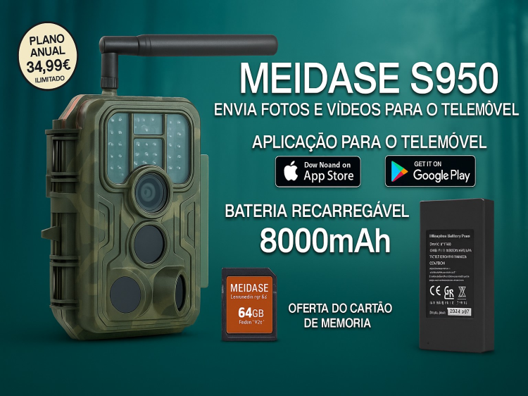 Câmera Meidase S950 LTE com bateria e aplicação para o telemóvel