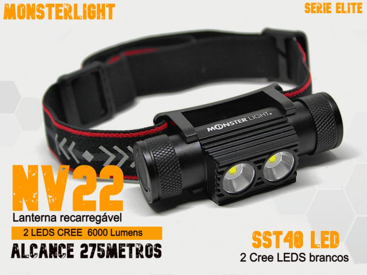 Lanterna cabeça MonsterLight NV22 com 2 baterias recarregáveis Samsung