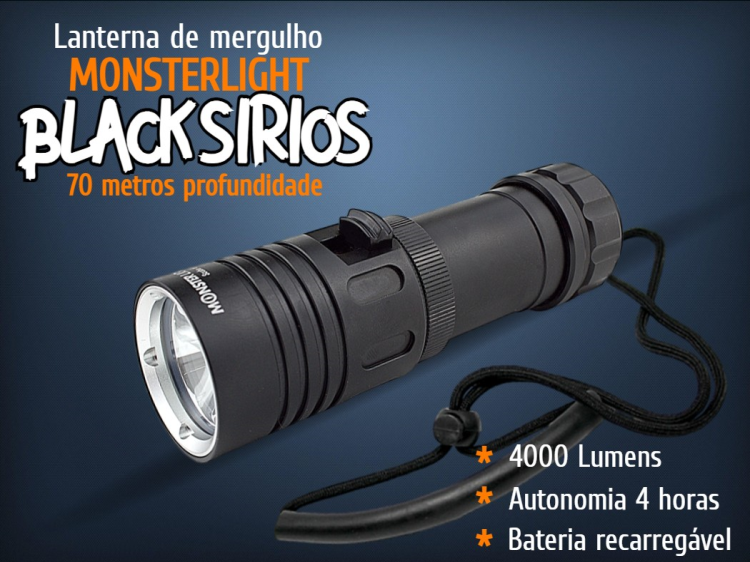 Kit lanterna mergulho Monsterlight Black Sírios com bateria recarregável