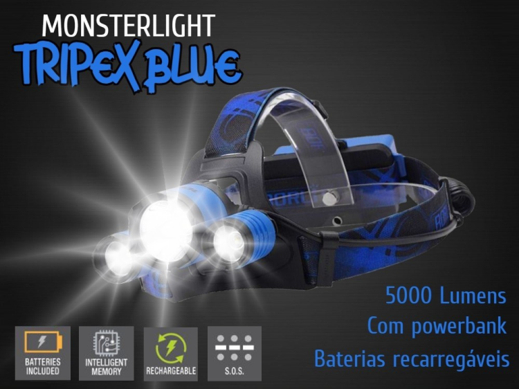 Kit lanterna cabeça MonsterLight Triplex Blue com baterias recarregáveis