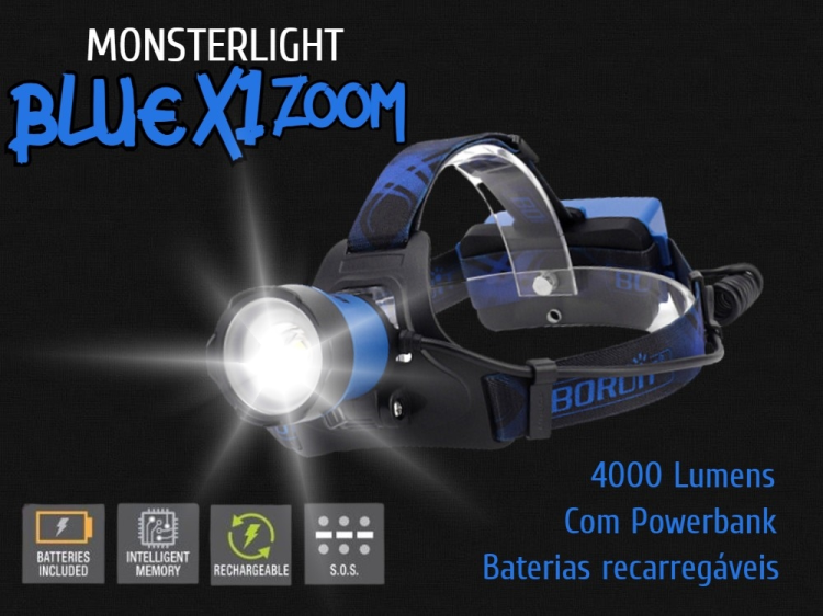 Kit lanterna cabeça MonsterLight Blue X1 com baterias recarregáveis