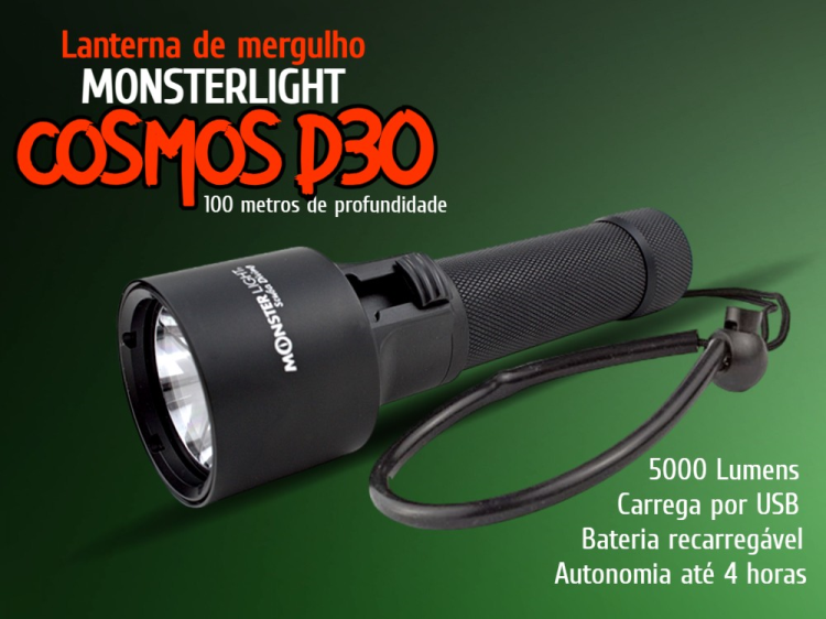 Kit lanterna mergulho MonsterLight Cosmos D30 com bateria recarregavel