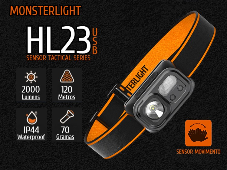 Lanterna Monsterlight HL23 com sensor e bateria recarregável
