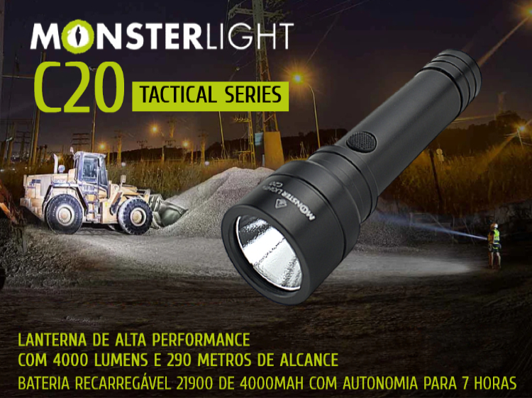 kIt lanterna tática Monsterlight C20 com bateria recarregável