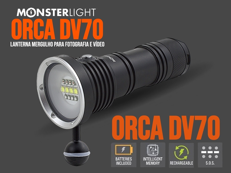 Lanterna mergulho Monsterlight Orca DV70 para fotografia e vídeo