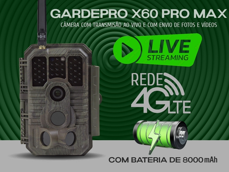 Câmera GardePro X60 Pro Max com bateria aplicação para o telemóvel e transmissão em direto