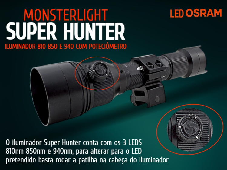 Kit iluminador MonsterLight Super Hunter com 3 LEDS 810nm 850nm e 940nm com potenciómetro